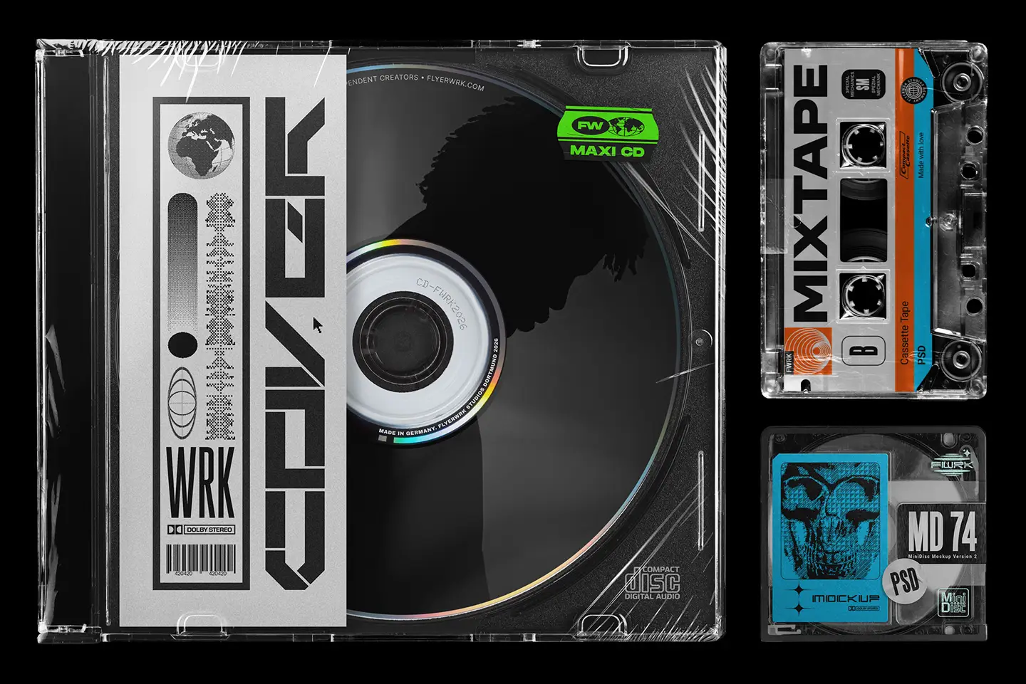 CD cassette and mini disc mockups included in Flyerwrk Freebies Vault for retro media design
