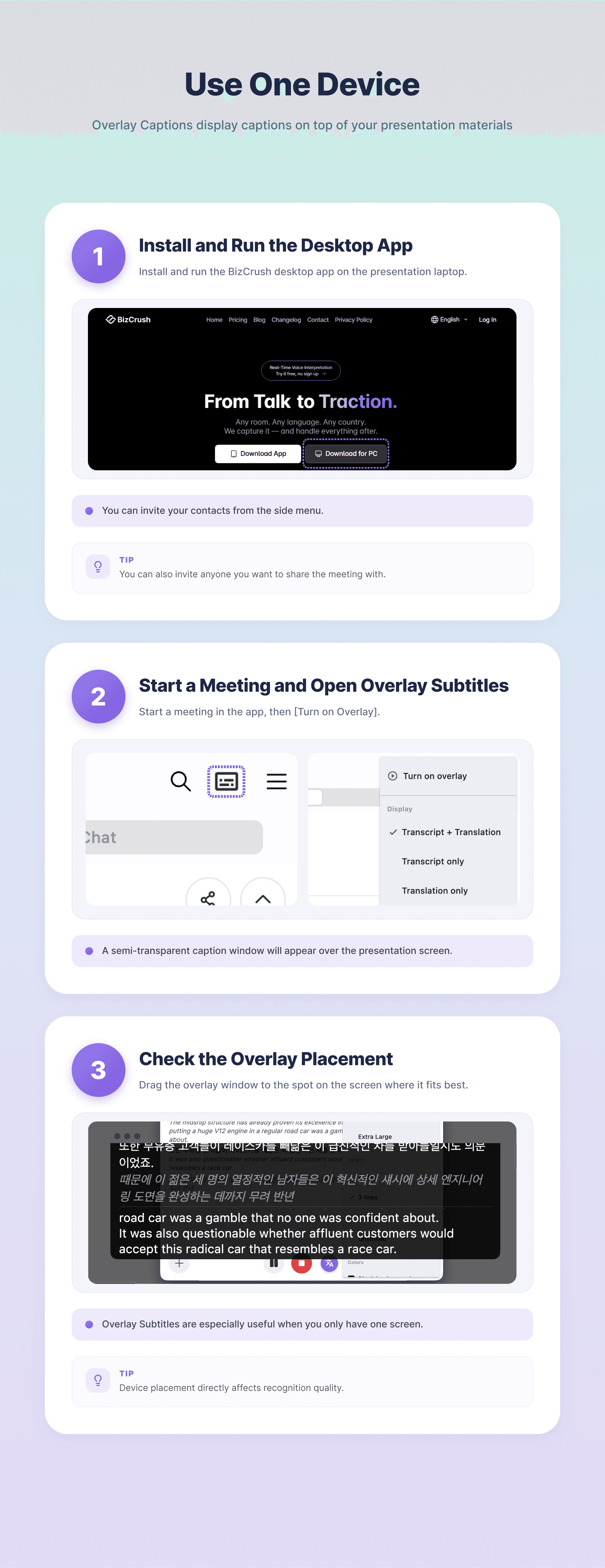 IMAGE 6 — Use One Device: 3-step infographic showing (1) Install and Run the Desktop App, (2) Start a Meeting and Open Overlay Captions, (3) Check the Overlay Placement