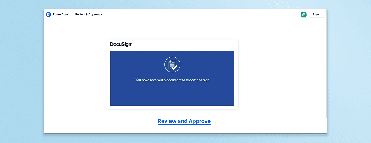 A real docs.zoom.us page carrying a DocuSign-styled panel. Employees are used to clicking Zoom links, so the trusted hop rarely gets a second look.