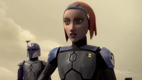 Bo-Katan Kryze withoiut a helmet on but wearing full Mandalorian Armor with another Mandalorian behind her