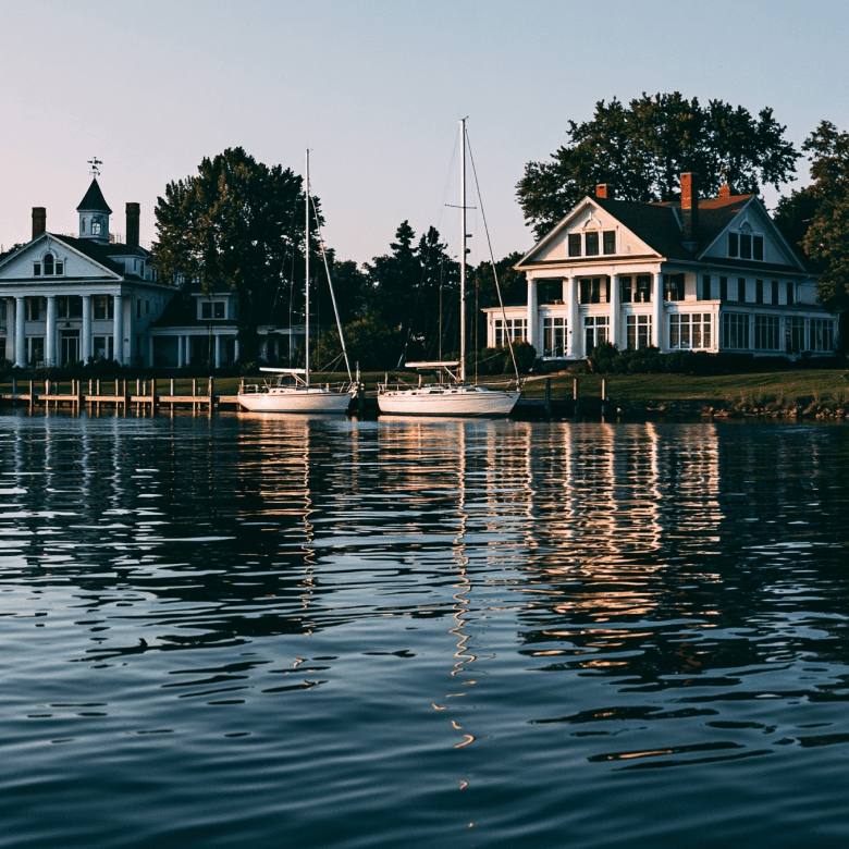 Grosse Pointe waterfront viewed from Lake St. Clair at sunset