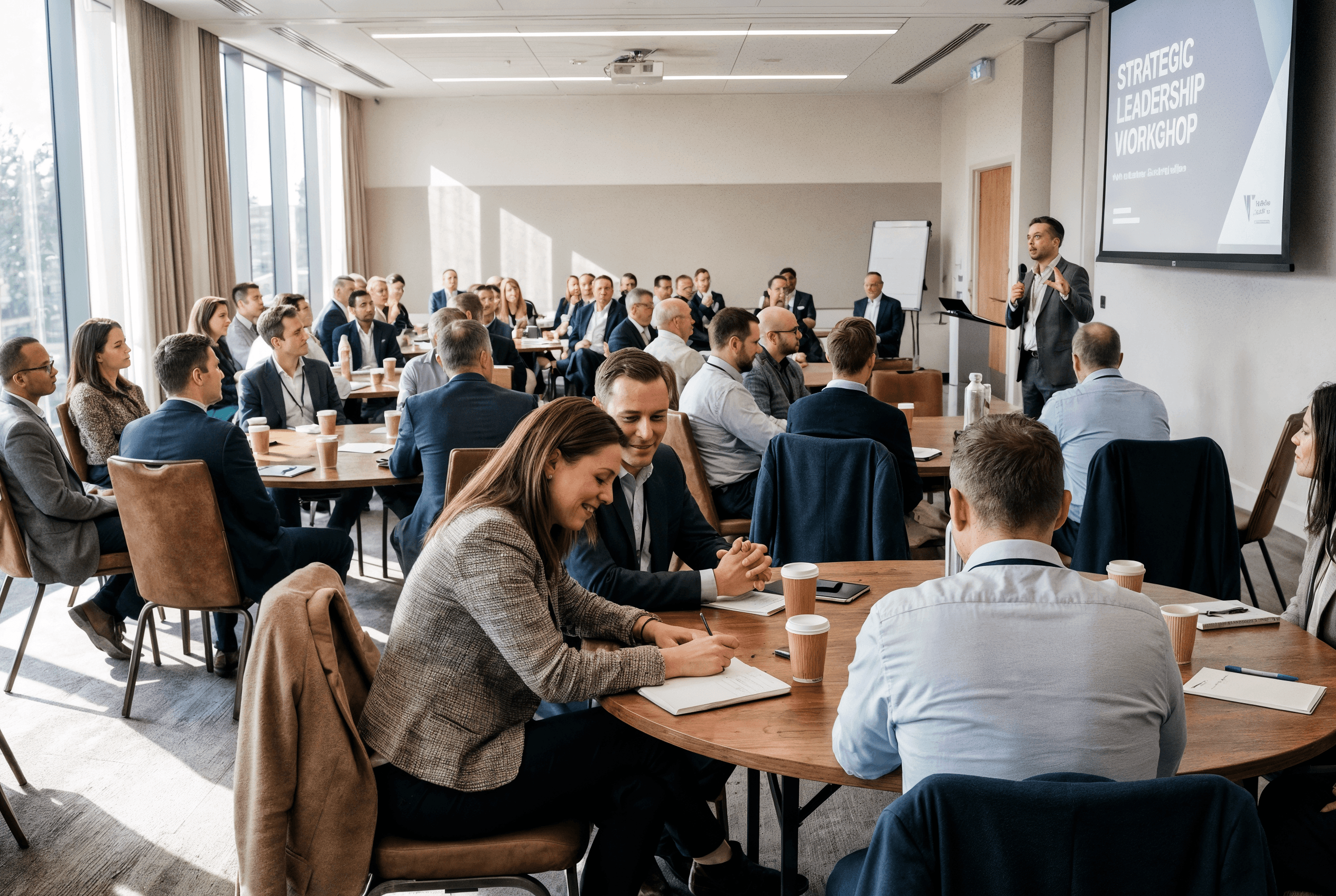 Two colleagues collaborating over paperwork at an office desk, with plants in the background.