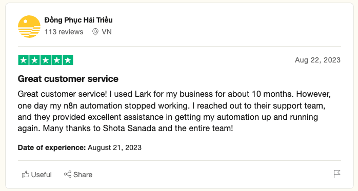 Lark customer support review Trustpilot