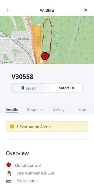 Screenshot: Active fire alerts near Squamish from BC Wildfire App
