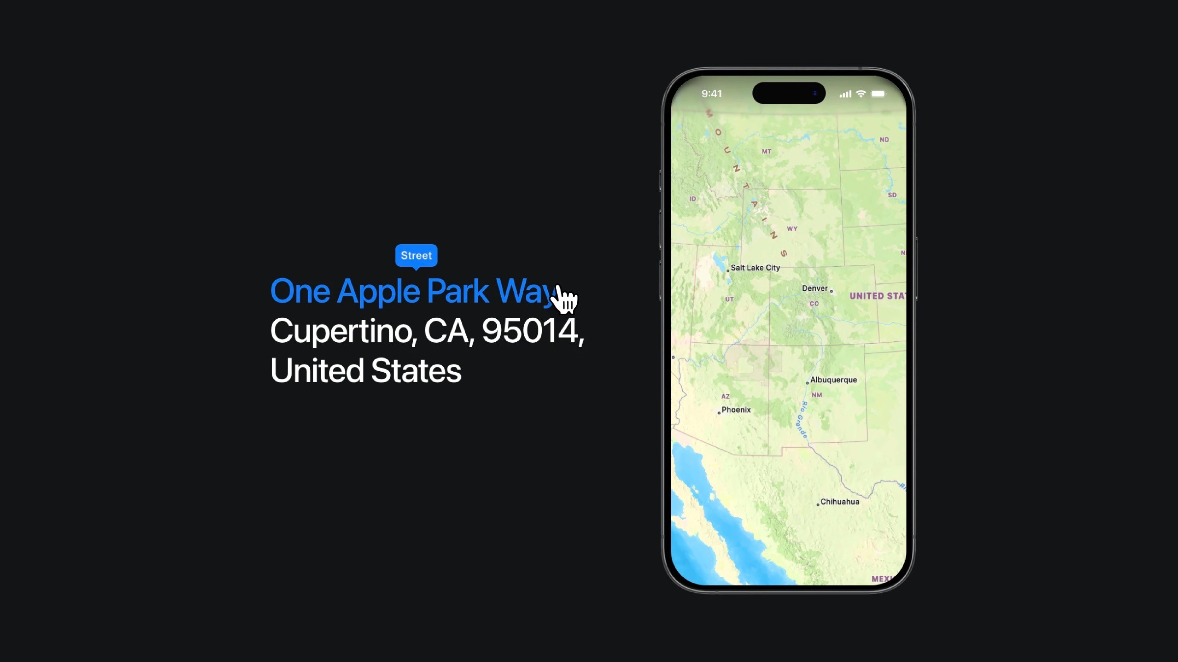 Interactive map on an iPhone displaying One Apple Park Way, Cupertino, CA