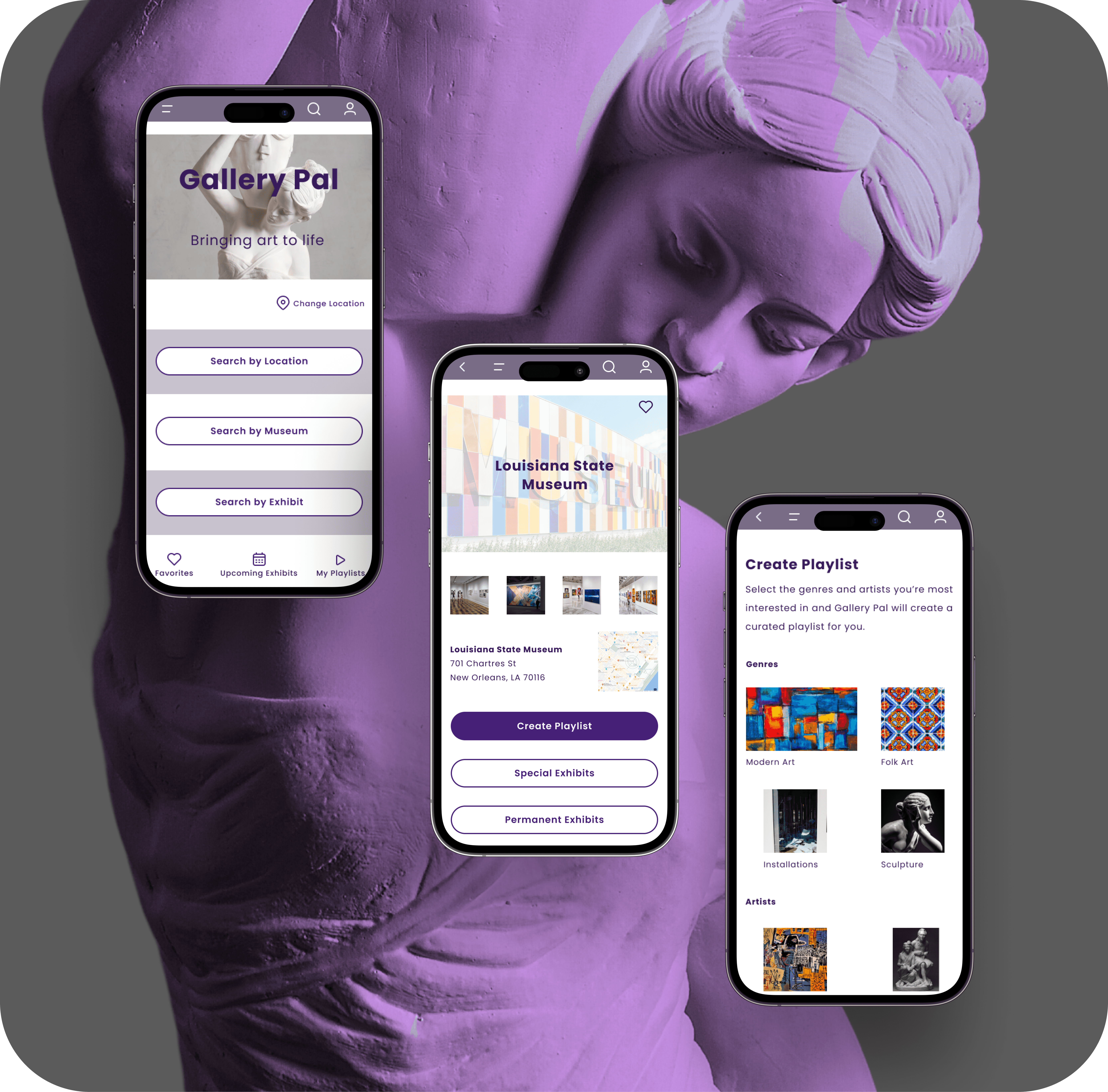 Three iPhone mock-ups for an app, in a diagonal cascade. The background features a statue of a woman with a jar on her shoulder, in purple hues on a dark grey background.