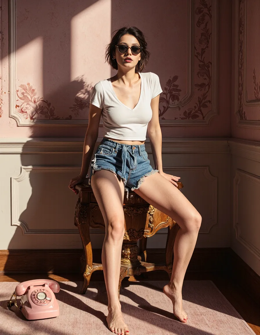 Fashion portrait in sunlit pink room with vintage aesthetics - person in white top, denim shorts and sunglasses beside retro pink telephone