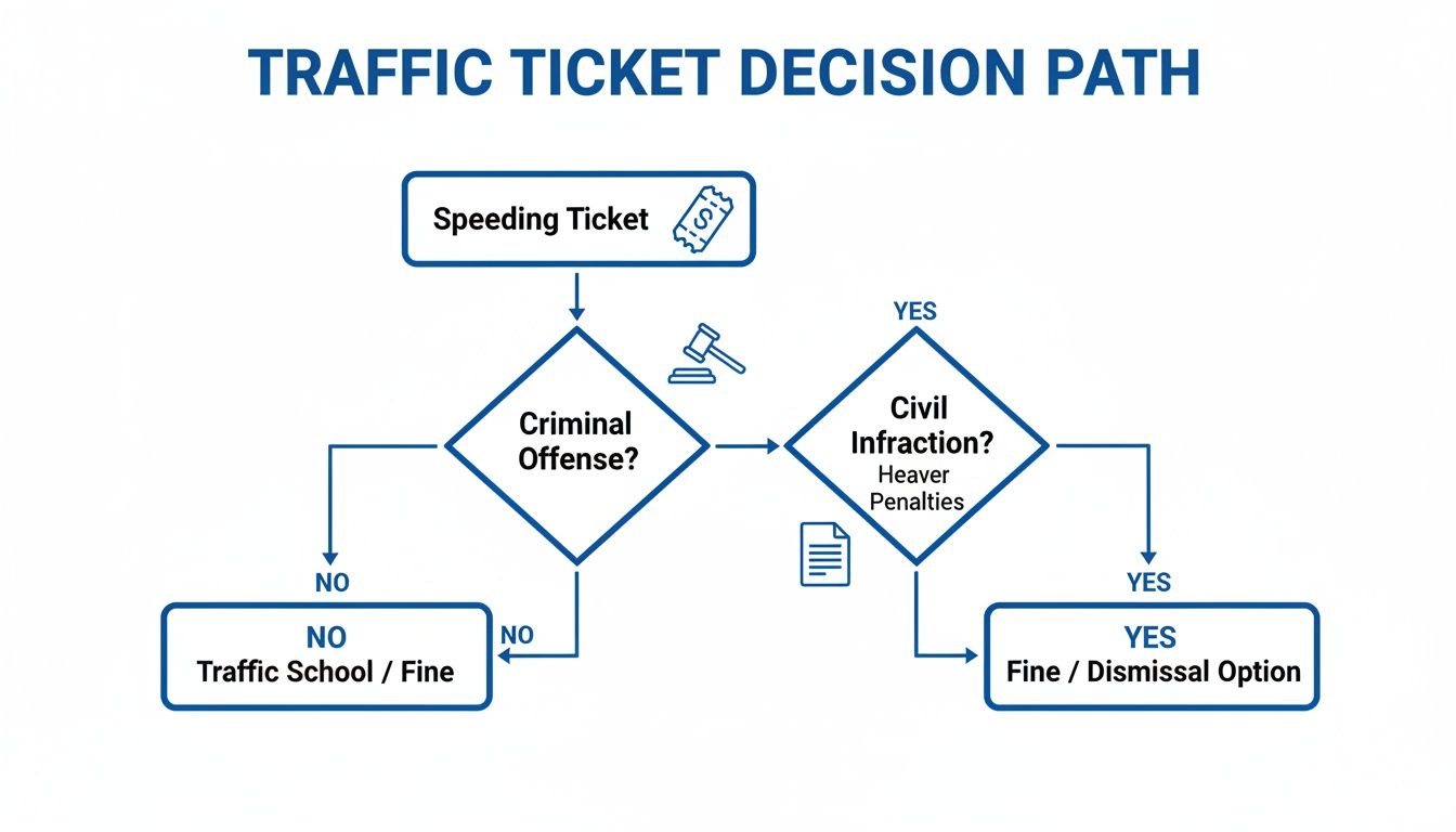 Flowchart outlining the decision path for a speeding ticket, distinguishing criminal offenses from civil infractions.