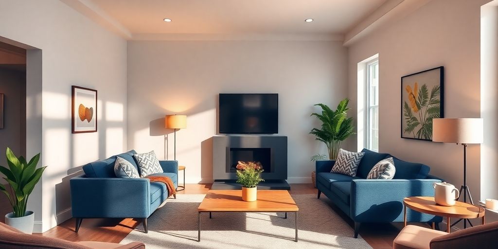 Living room with dynamic lighting and modern furnishings.