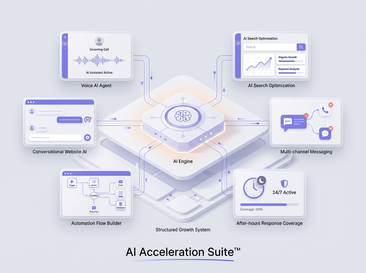 Leadwire AI Acceleration System architecture illustrating the intelligence layer with Voice AI agents, AEO search optimization, and multi-channel automation