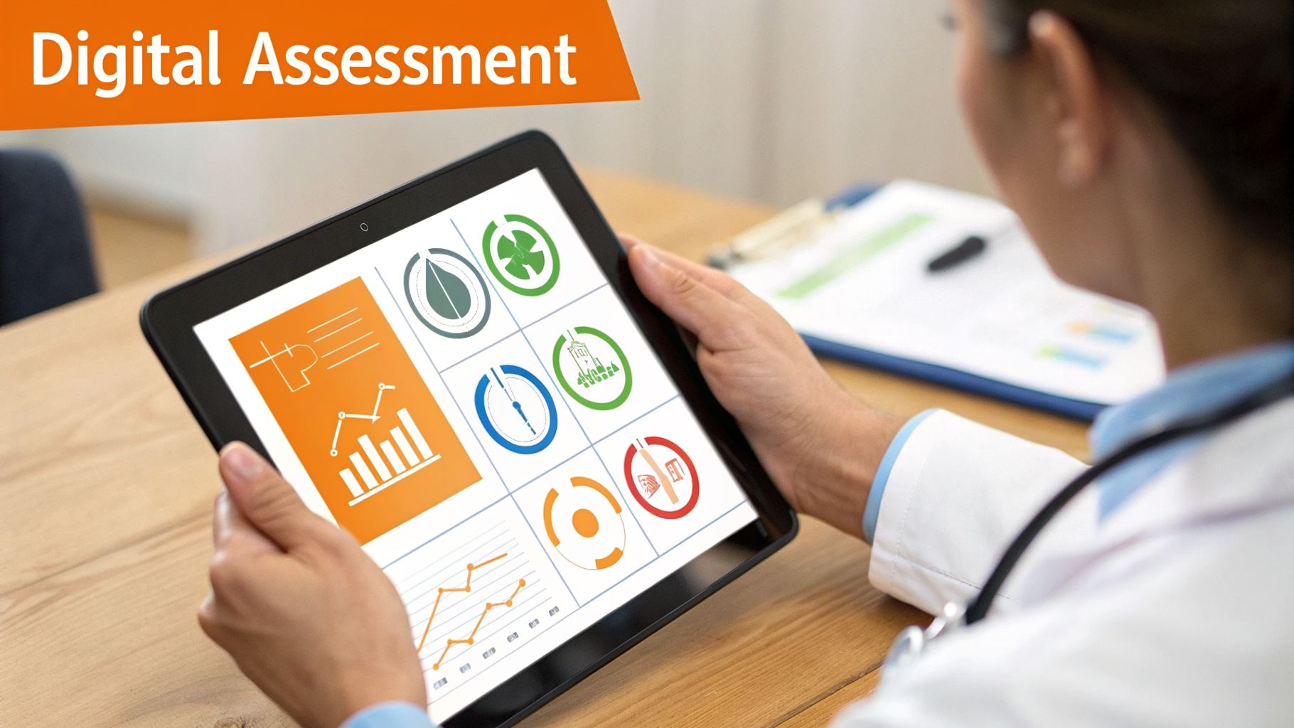 A medical professional uses a tablet displaying digital assessment tools and graphs for patient evaluation.