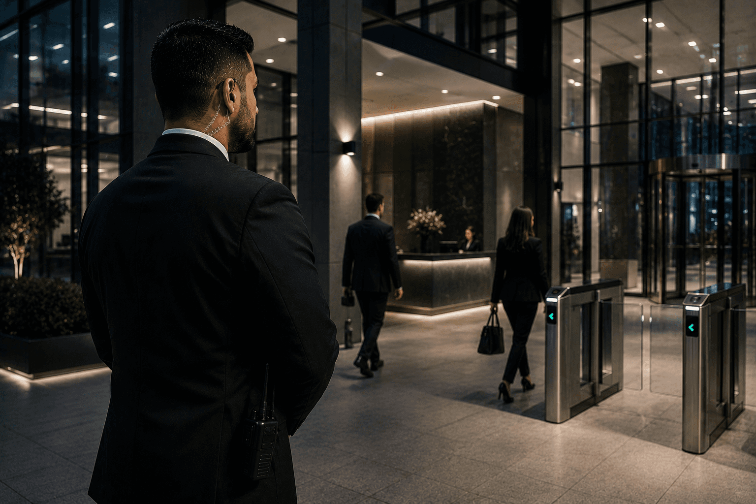 Corporate security officer monitoring access control and visitor entry inside a modern office reception area.