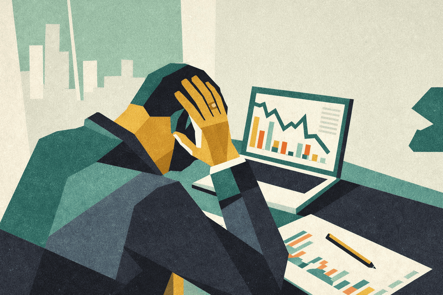 Professionista over 30 alla scrivania osserva dati sul computer, fase di stress e insoddisfazione lavorativa tipica di un blocco professionale.