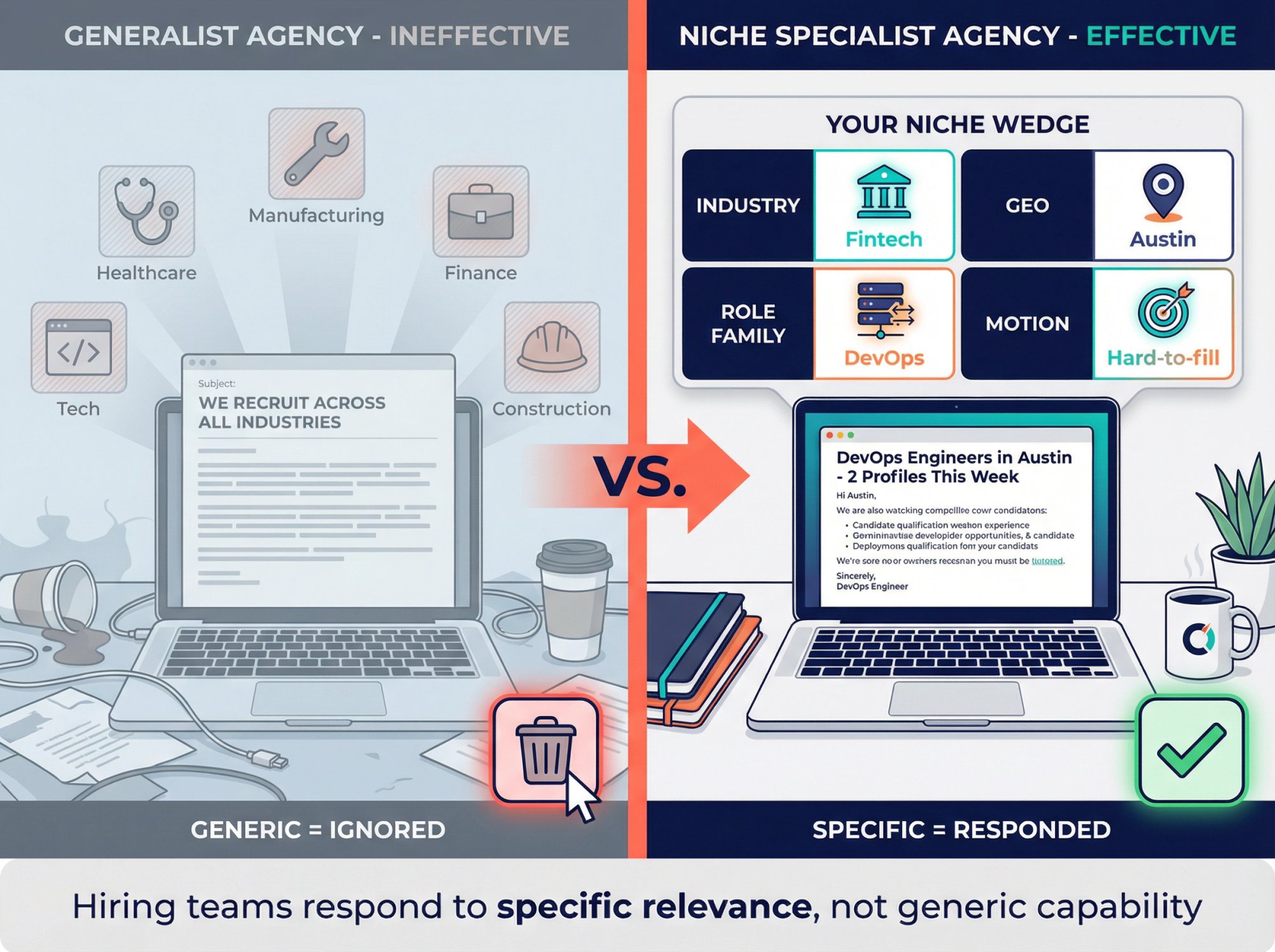 Visual comparison of generalist vs specialist recruiting agencies showing niche selection framework