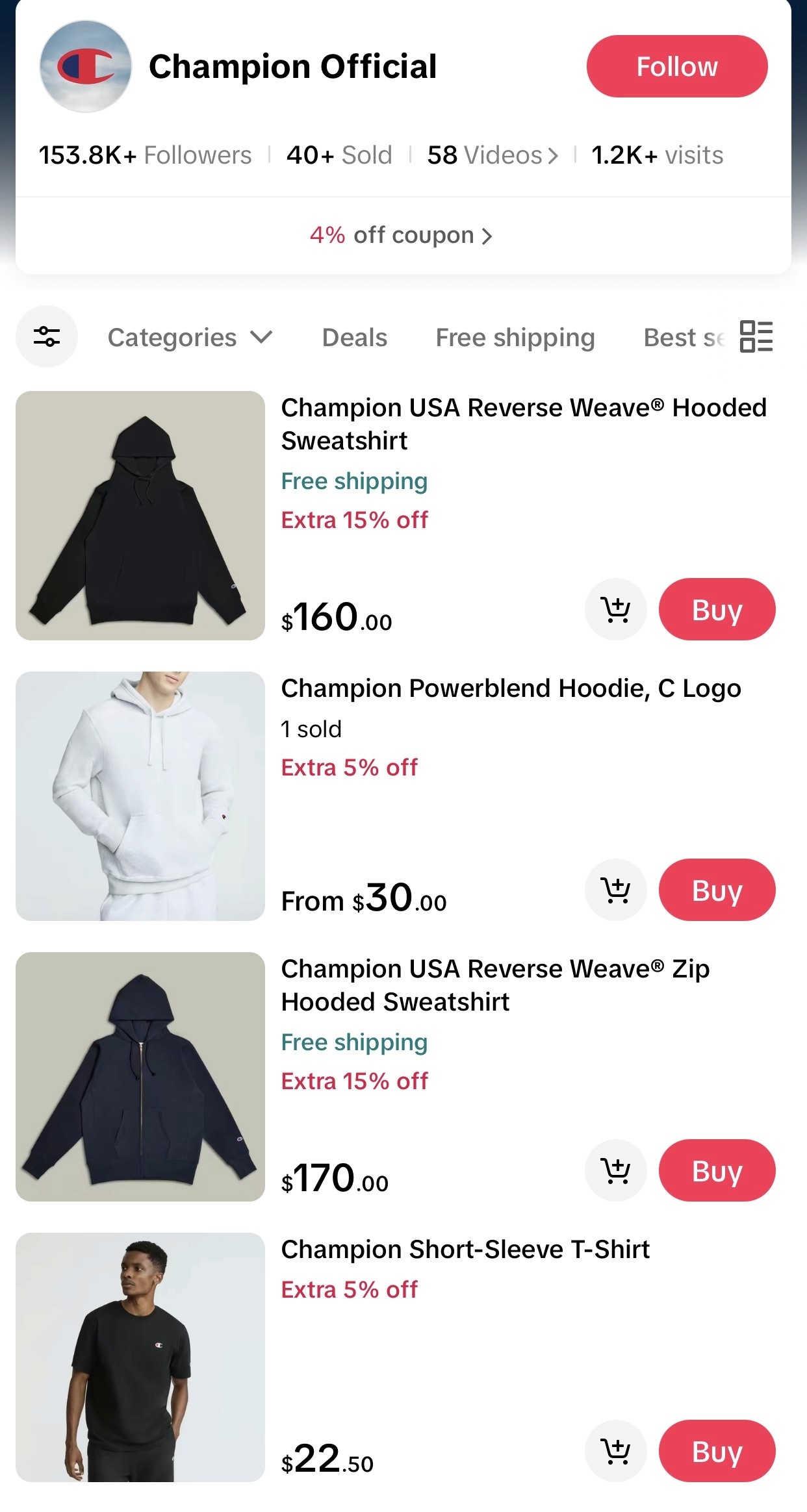 Champion Official shop page in TikTok Shop