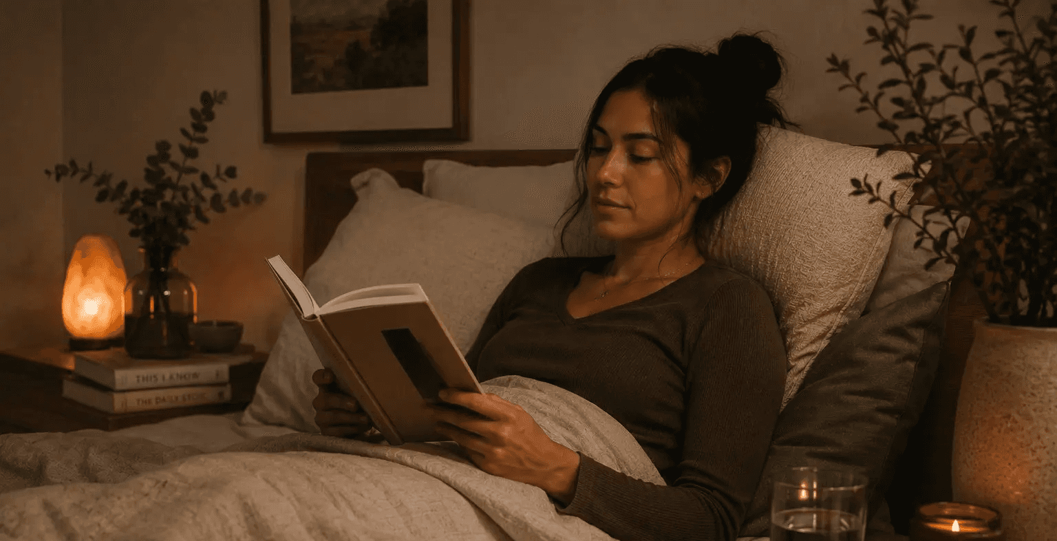 A woman reading a book in bed by warm lamplight, winding down in a calm bedroom with a salt lamp, candle, and water glass on the nightstand