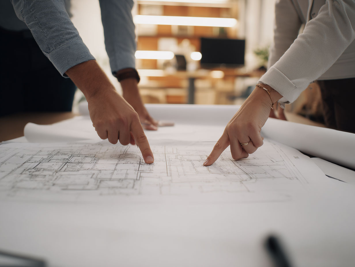 Two people pointing at detailed architectural or planning drawings laid out on a desk in a professional workspace.