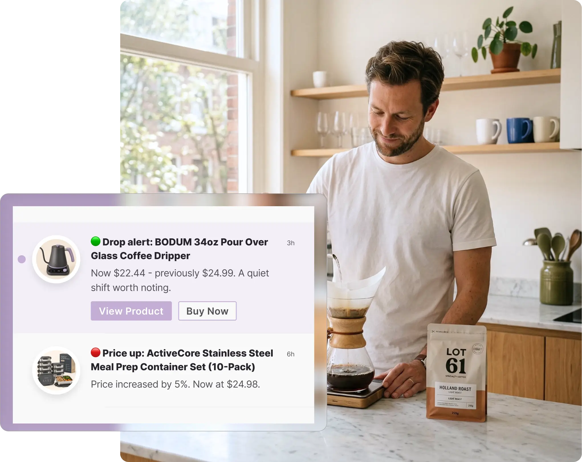 A smiling man standing in a bright kitchen making pour-over coffee, accompanied by a Whisprice digital interface overlay displaying real-time push notifications for Walmart products. The mock alerts feature a "Drop alert" for a BODUM 34oz Pour Over Glass Coffee Dripper marked down from $24.99 to $22.44, alongside a "Price up" notification for a stainless steel meal prep container set.