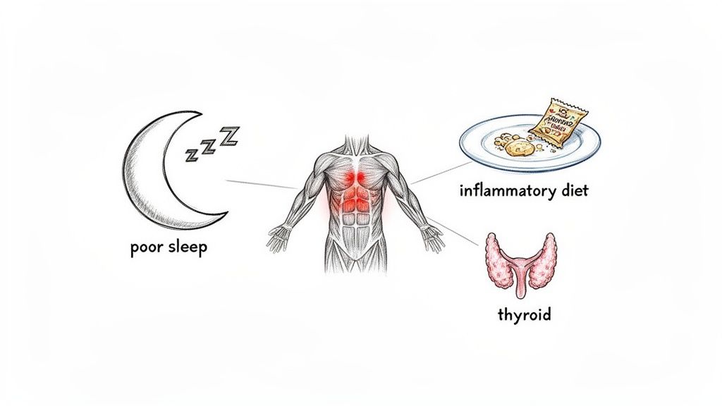 Illustration showing poor sleep, inflammatory diet, and thyroid issues impacting a human torso with highlighted pain areas.