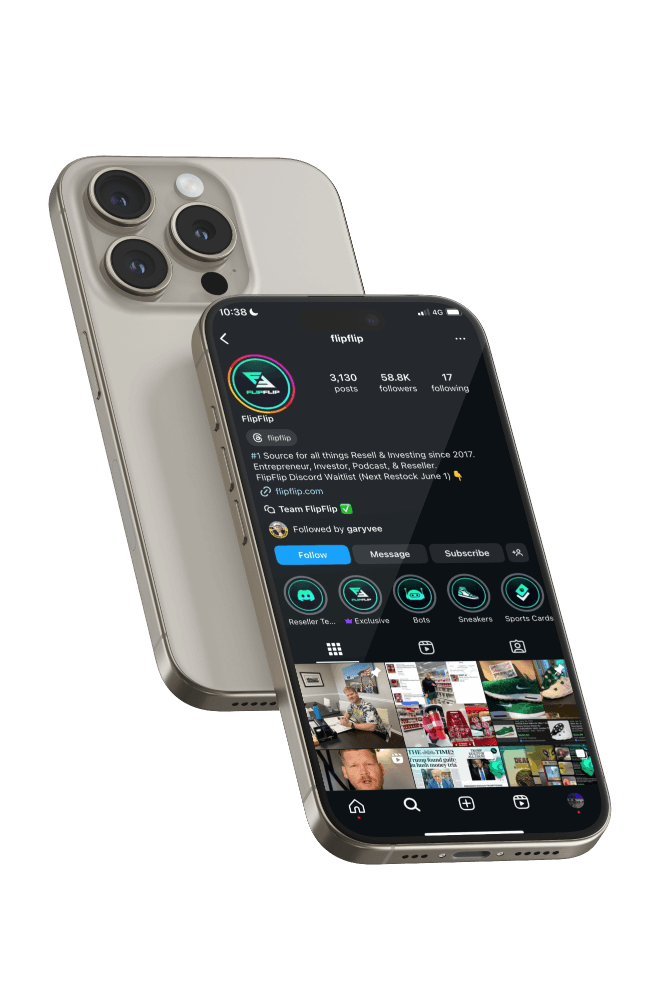 A mockup of an iPhone 15 pro max with a display of the FlipFlip instagram page