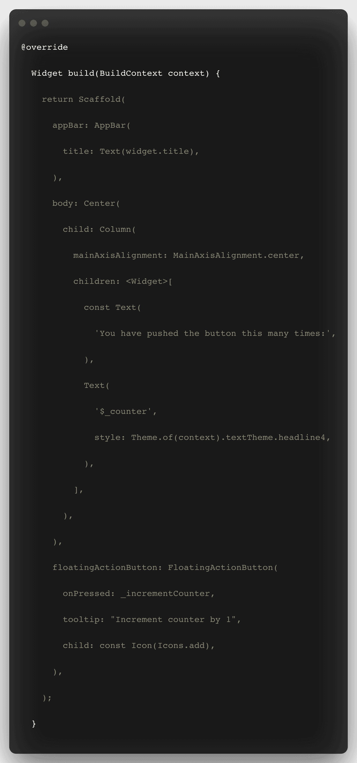 A code snippet with several Flutter widgets. 