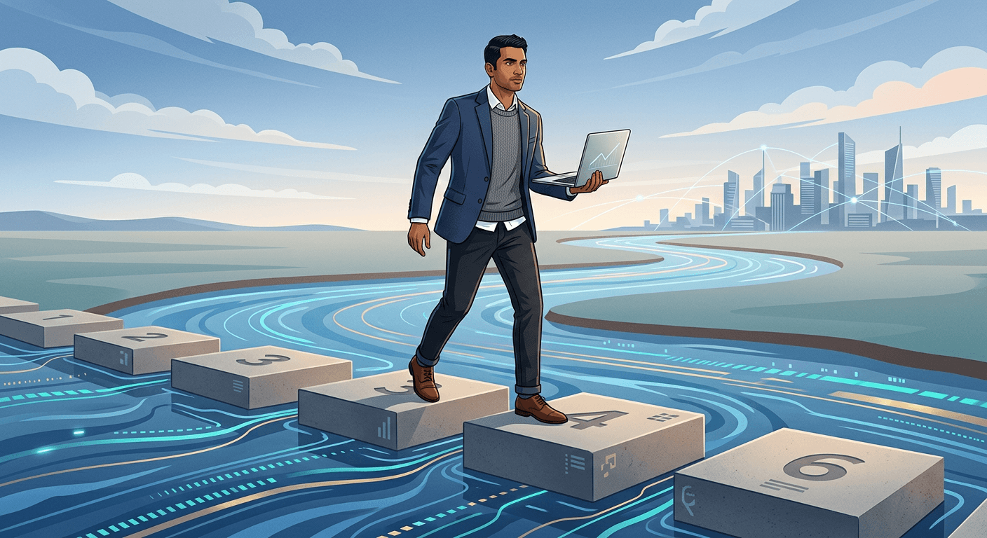 A business founder walking over stone rocks