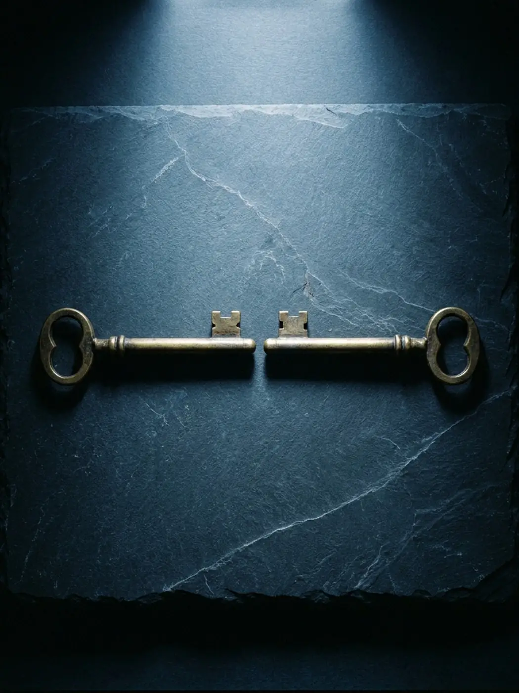 Two antique skeleton keys on a slate surface