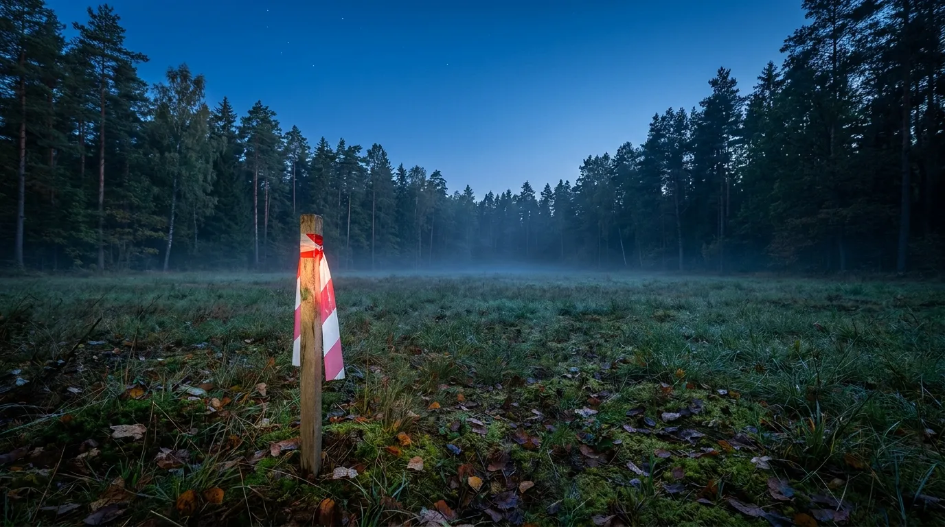 RockN' Socials: Misty forest with a red-marked post, Digital Marketing Agency.