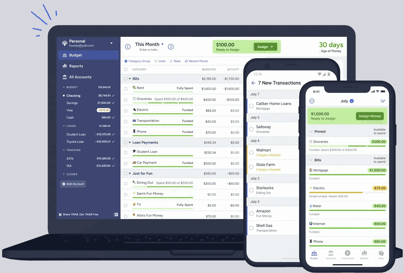 A close-up view of the YNAB website and apps.