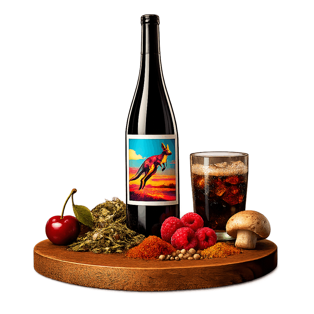 Artistic label and flavor profile for Australian Pinot Noir on a rustic wooden table.