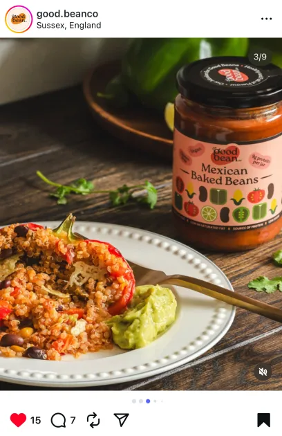 Social Media post of Mexican baked Beans near plate