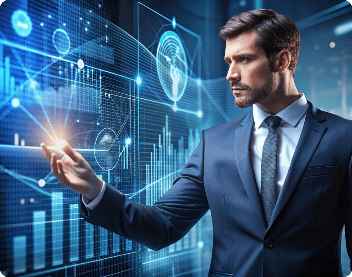 Photo businessman work with ai for economy analysis financial result by digital marketing technology