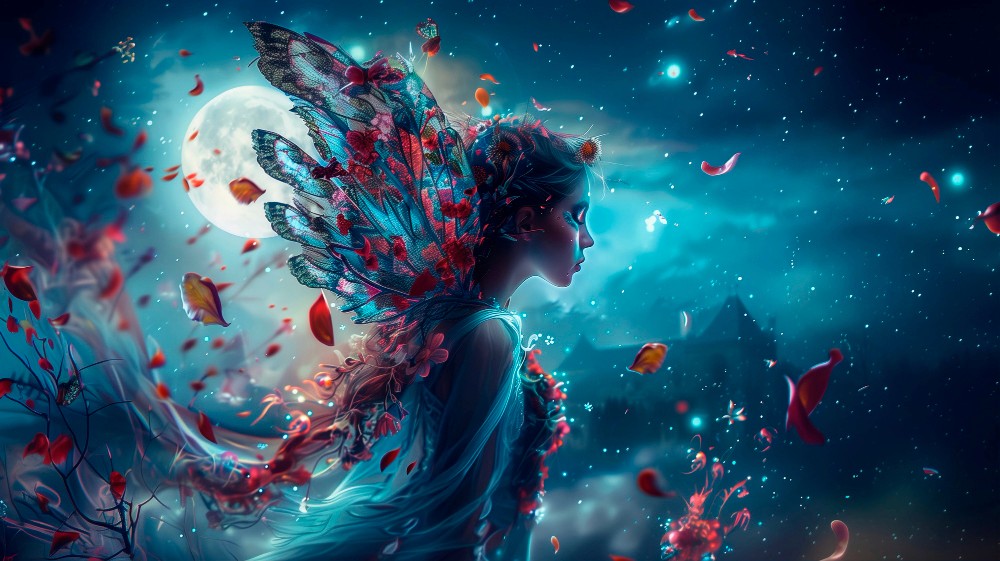 A fantasy fairy figure with wings made of red and pink petals under a full moon