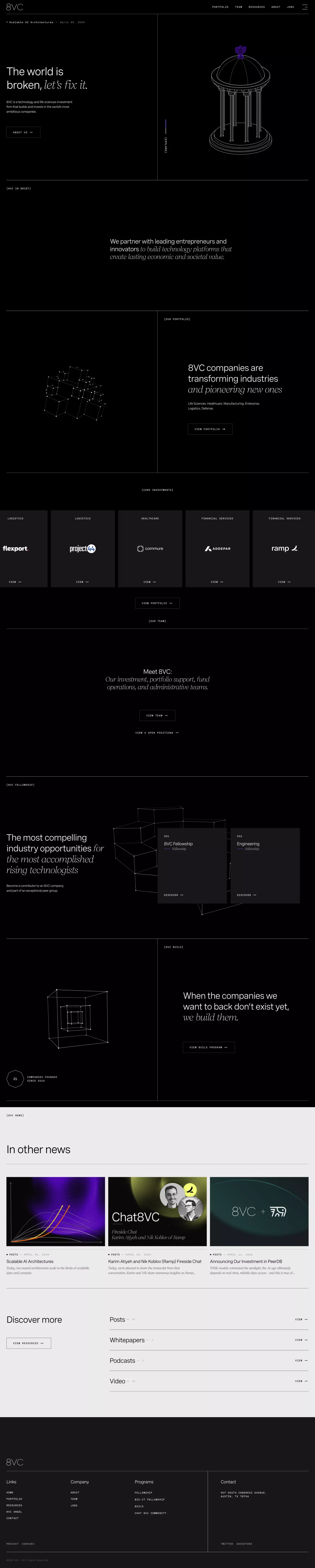 8VC portfolio page screenshot showcasing Tech and Finance design