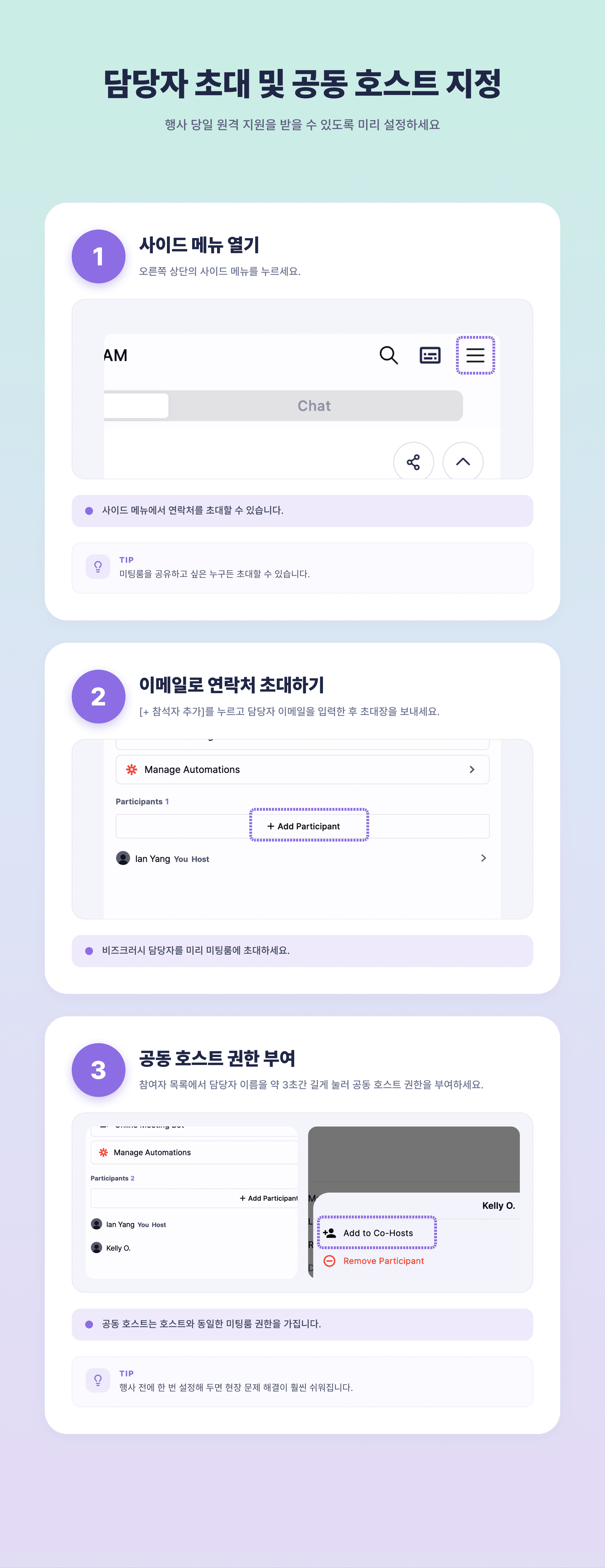 이미지 2 — 담당자 초대 및 공동 호스트 지정: 3단계 인포그래픽 ((1) 사이드 메뉴 열기, (2) 이메일로 담당자 초대, (3) 공동 호스트 권한 부여)