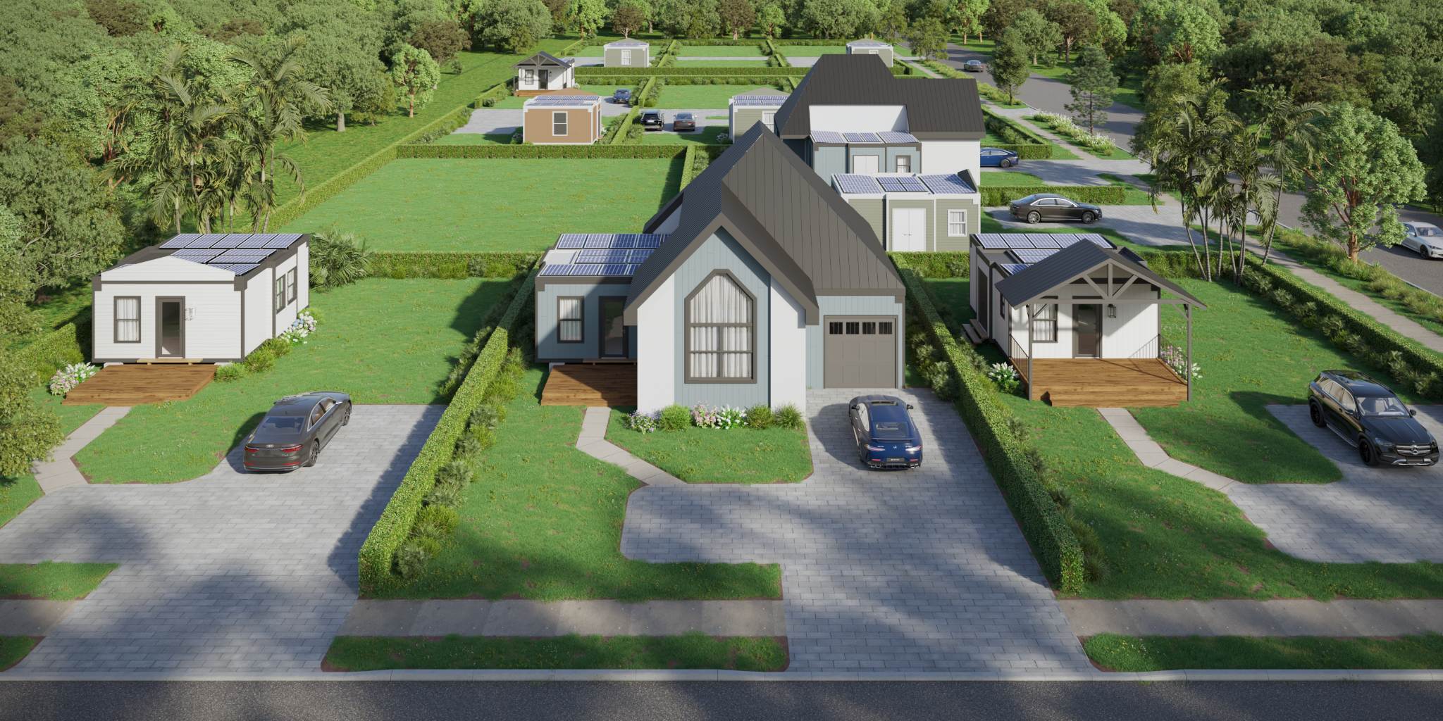 Modern backyard ADU exterior with flat roof and landscaped yard