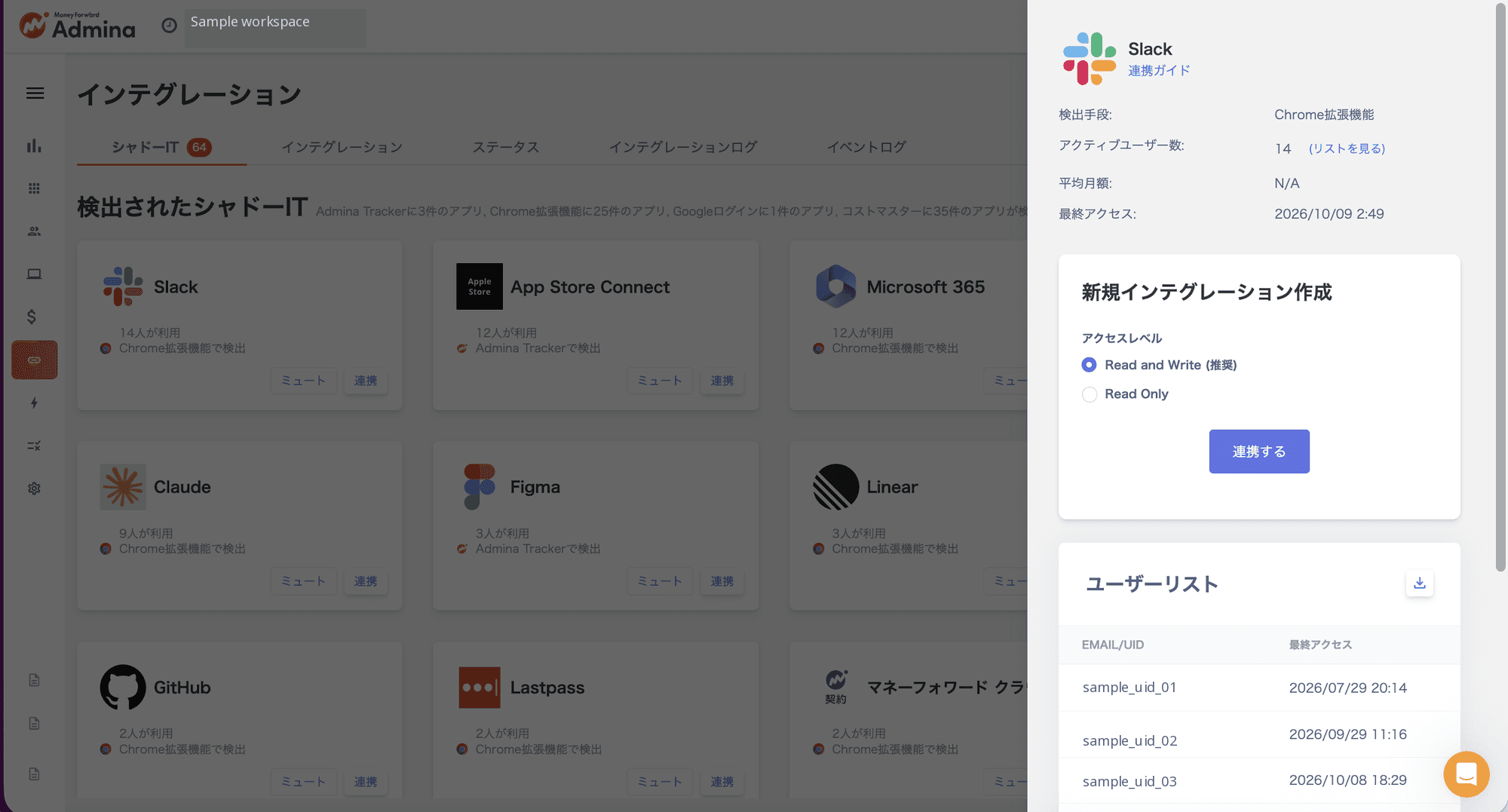 シャドーIT一覧からサービスを選択した詳細画面。検出手段、アクティブユーザー数、最終アクセス、ユーザーリストと連携ボタンを表示。