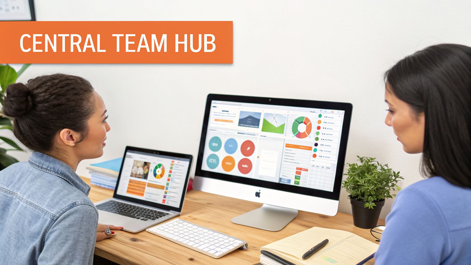 Two women collaborate at a desk, reviewing data dashboards on a laptop and an iMac, titled Central Team Hub.