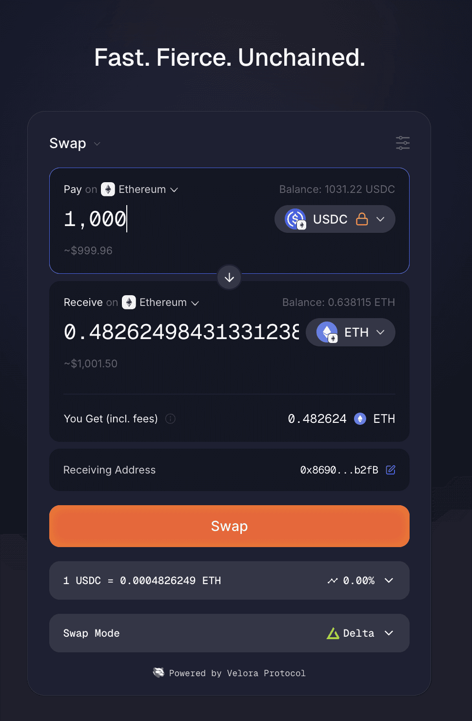 Select the tokens you want to swap on Velora