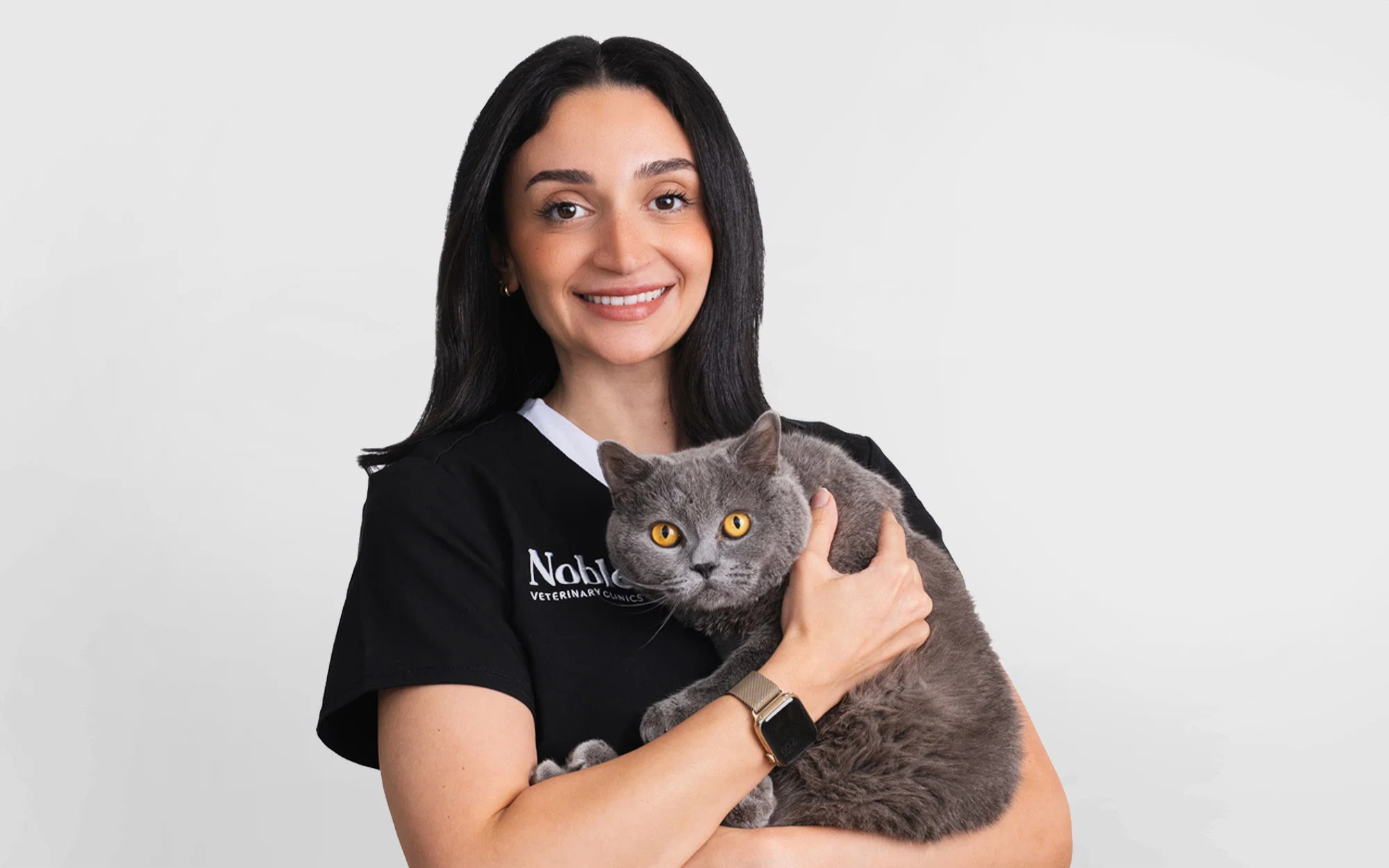 Dr. Flora Awwad holding a gray cat with yellow eyes during a veterinary checkup at Noble Veterinary Clinics.