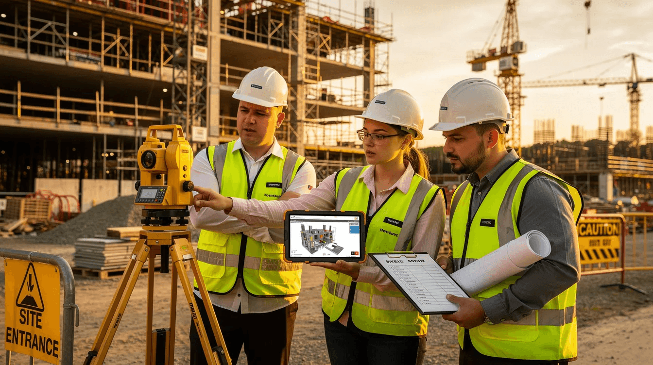 A surveying team is gathered beside a building site, reviewing digital plans and utilizing surveying instruments to ensure accurate measurements for their construction project. They are engaged in land surveying, focusing on the exact locations and dimensions necessary for the development of the built environment.