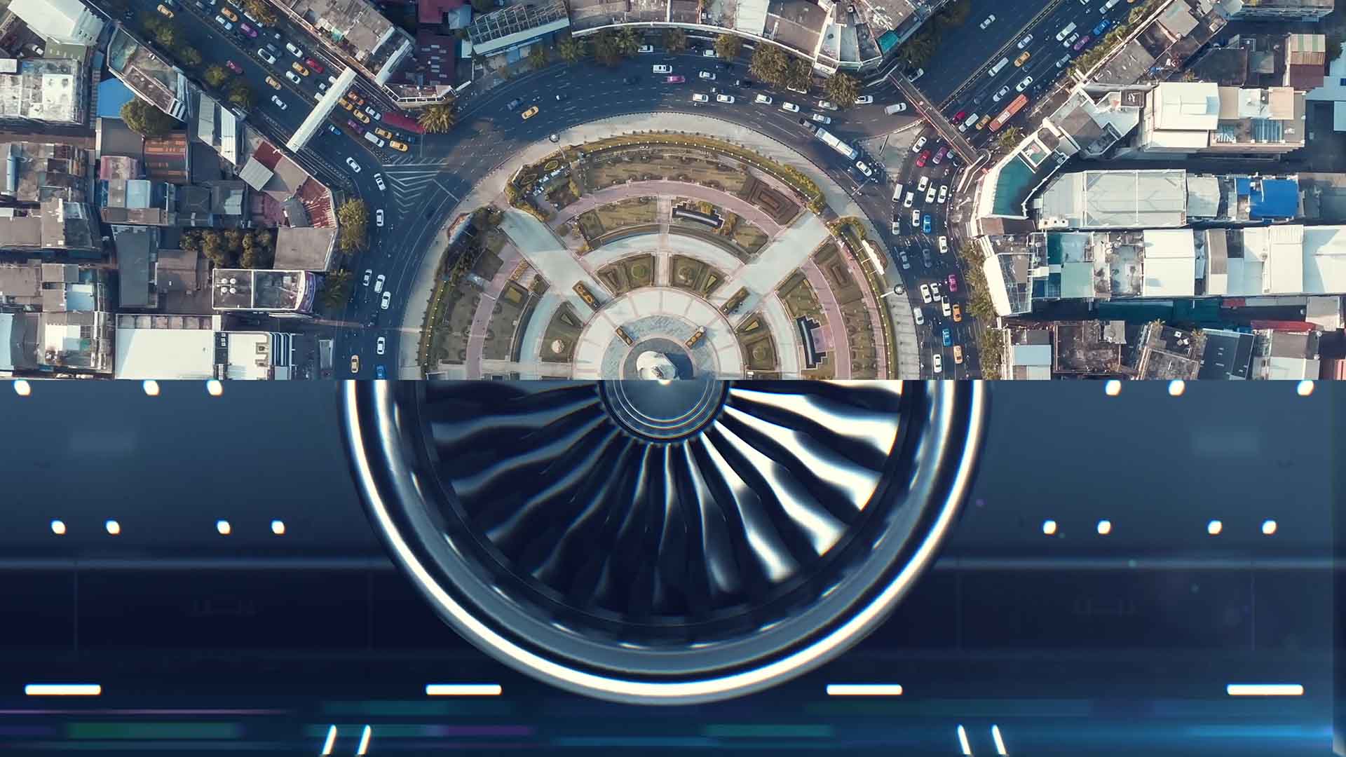 Split screen with a matching circle shape in the upper part is a roundabout in a busy city matching with an aeroplane turbine engine on the bottom 