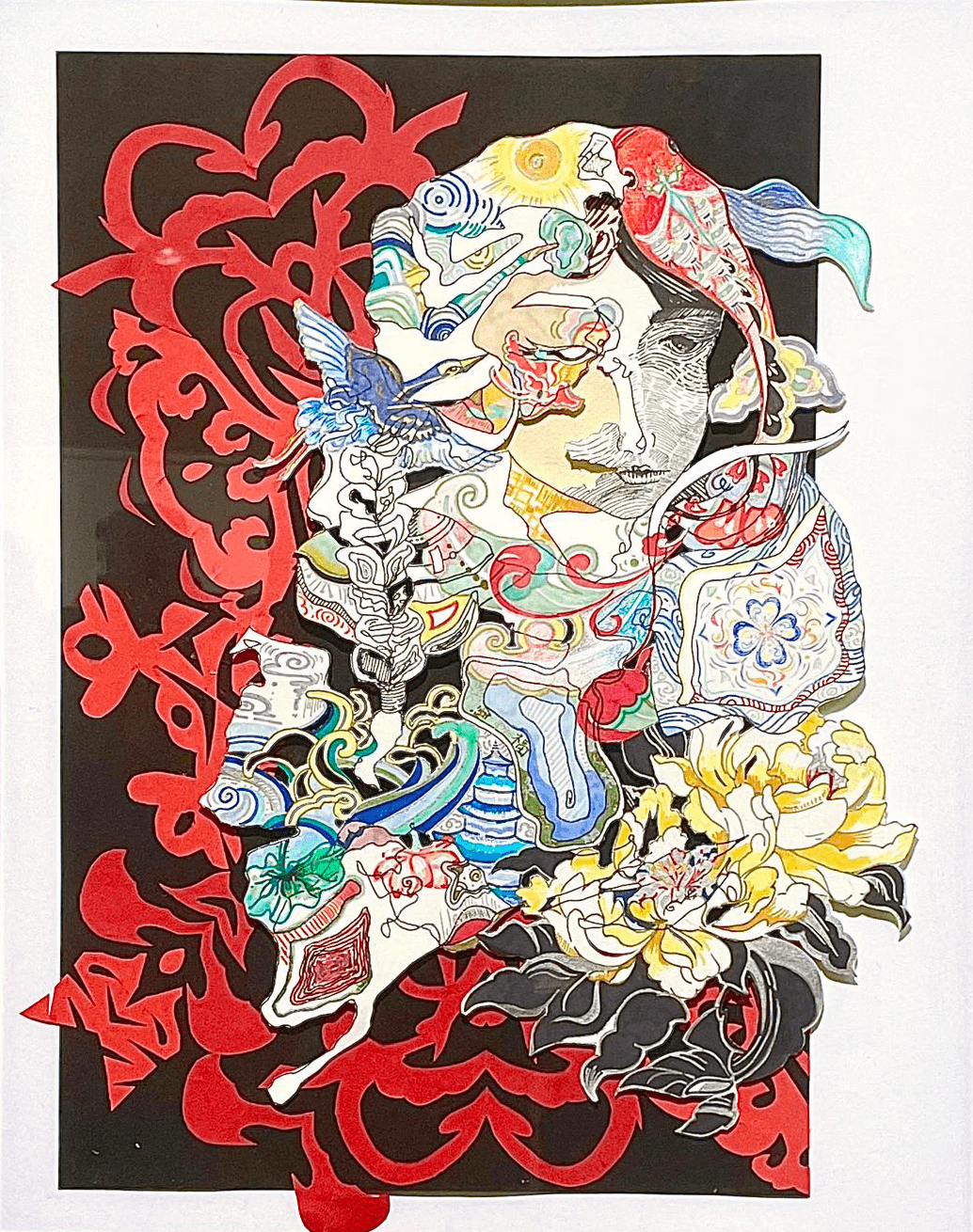 A fluffy gray rabbit rests on a floral chair.