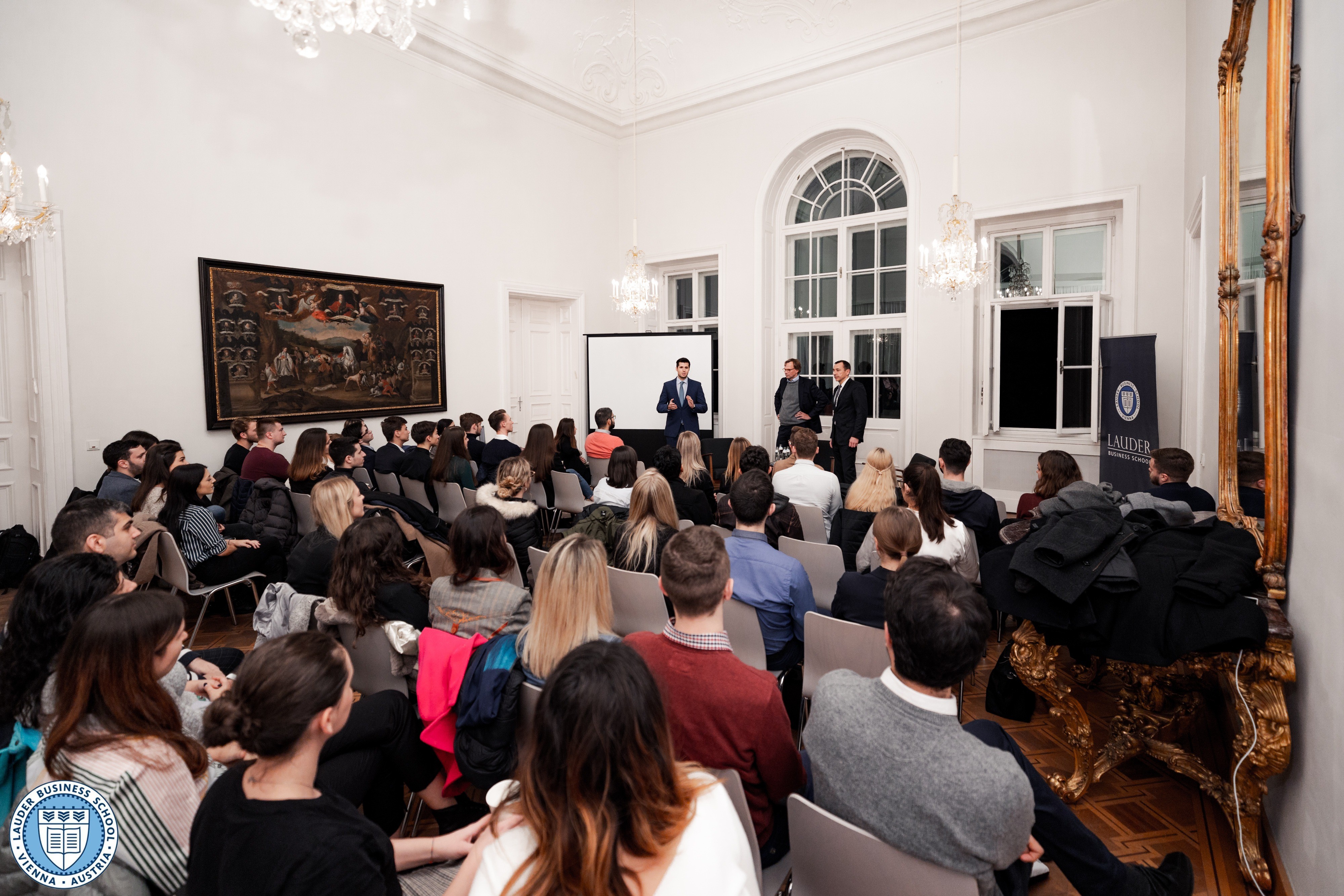 Dr. Andreas Bierwirth, CEO of Magenta Telekom together with Dr. Tamas Csermely, Director of Graduate Studies at LBS and Mr. Alexander Zirkler, Executive Director talking to LBS students