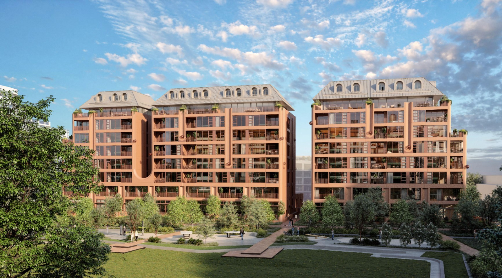 Lillian Erskineville apartment buildings overlooking landscaped park with modern architecture near Sydney CBD