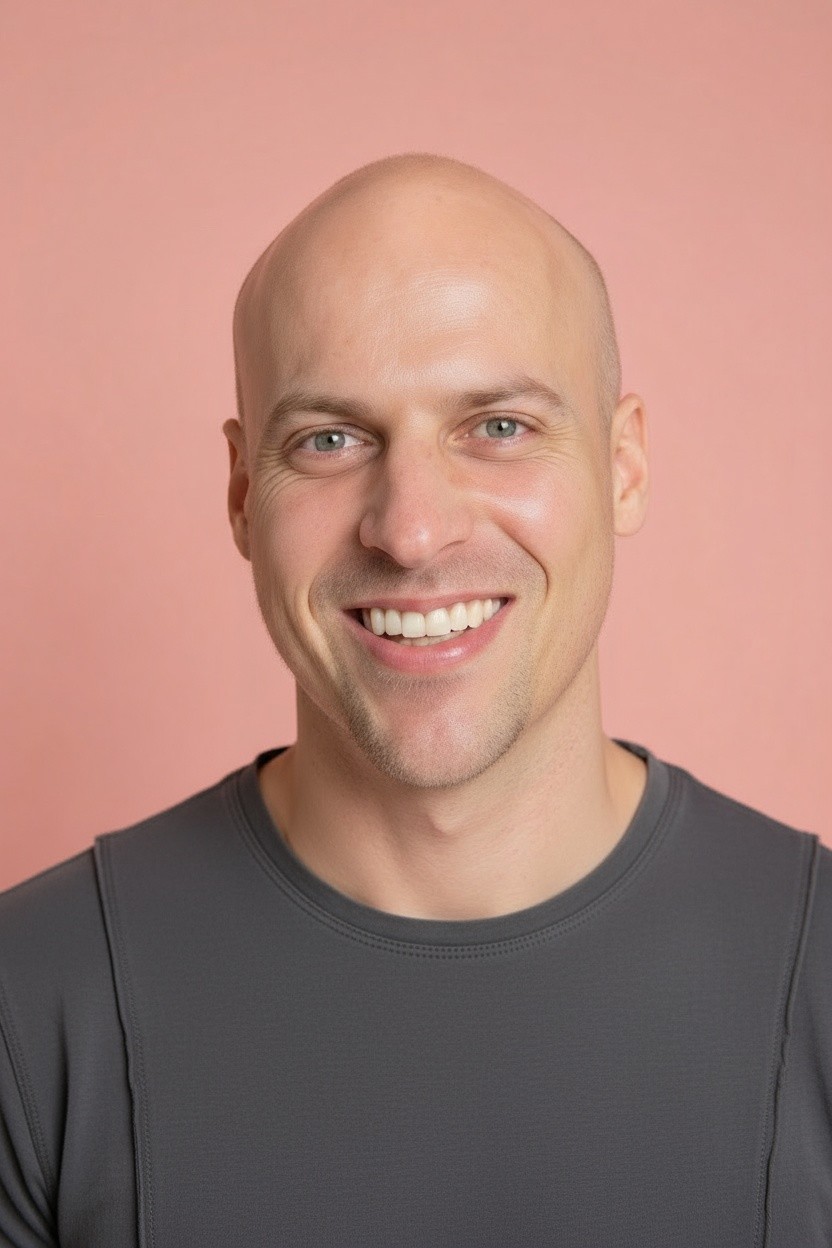 Black and white portrait of a smiling person with curly hair