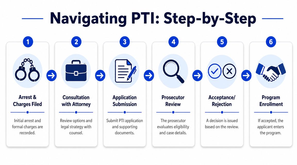 A six-step flowchart illustrating the pre-trial intervention process, from initial arrest to final program enrollment.