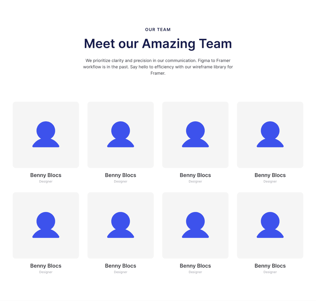 a team section with a centred heading, subheading and description, and 2 rows of images below that of team members with their names and roles underneath