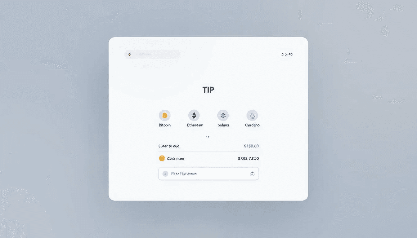 The image depicts a bitcoin tipping interface showcasing various cryptocurrency options, including a QR code for secure transactions. Users can easily receive tips and payments through their crypto wallets, making it a convenient way for content creators to accept bitcoin and other cryptocurrencies on social media platforms.