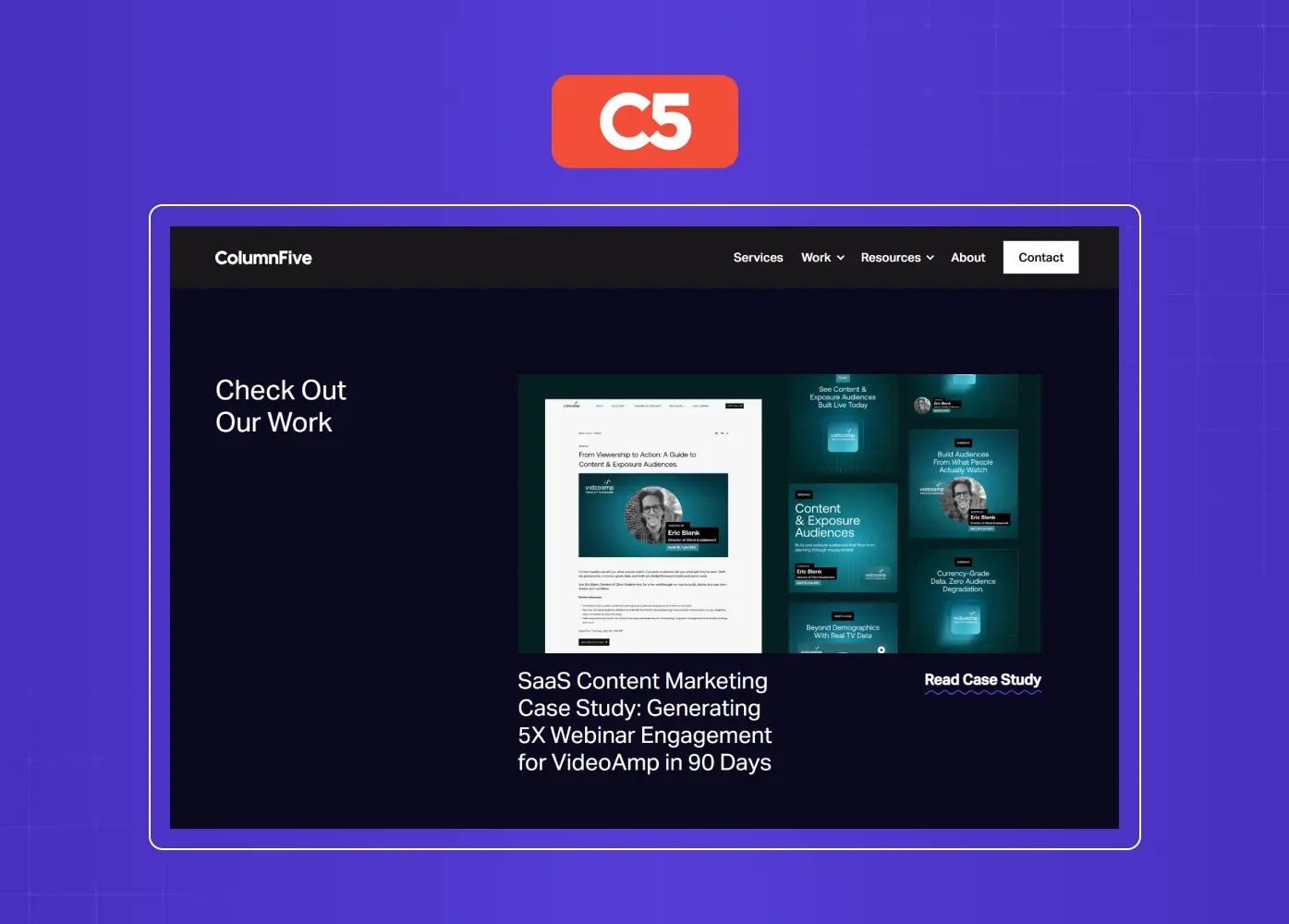 Agency portfolio page presenting content marketing and digital campaign case studies with a focus on measurable business results.